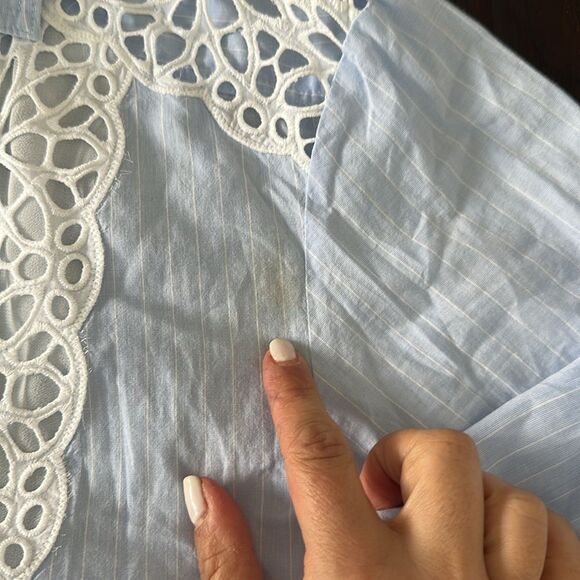 Sandro Blue White Strip Lace Insert Long Sleeve Button Down Blouse Shirt size 2 - Picture 14 of 15